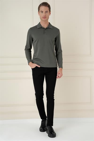 Slim Fit Pamuklu Uzun Kollu Düğmeli Haki Polo Yaka Tişört TS 893