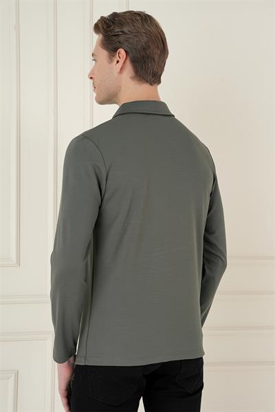 Slim Fit Pamuklu Uzun Kollu Düğmeli Haki Polo Yaka Tişört TS 893
