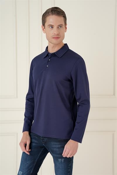 Slim Fit Pamuklu Uzun Kollu Düğmeli Lacivert Polo Yaka Tişört TS 893