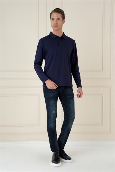 Slim Fit Pamuklu Uzun Kollu Düğmeli Lacivert Polo Yaka Tişört TS 893