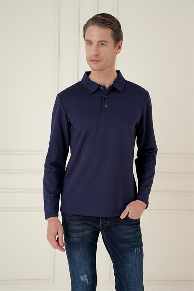 Slim Fit Pamuklu Uzun Kollu Düğmeli Lacivert Polo Yaka Tişört TS 893