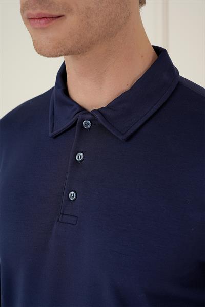 Slim Fit Pamuklu Uzun Kollu Düğmeli Lacivert Polo Yaka Tişört TS 893