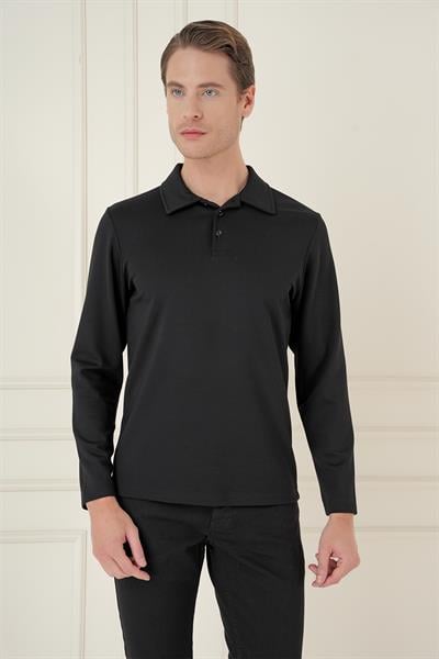 Slim Fit Pamuklu Uzun Kollu Düğmeli Siyah Polo Yaka Tişört TS 893