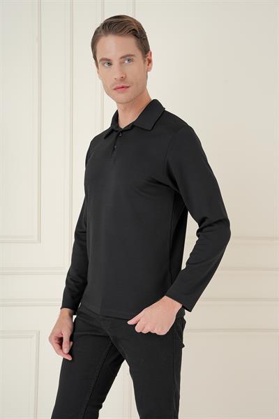 Slim Fit Pamuklu Uzun Kollu Düğmeli Siyah Polo Yaka Tişört TS 893