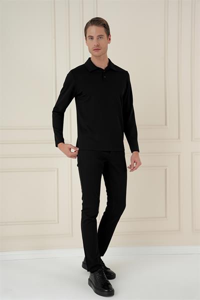 Slim Fit Pamuklu Uzun Kollu Düğmeli Siyah Polo Yaka Tişört TS 893