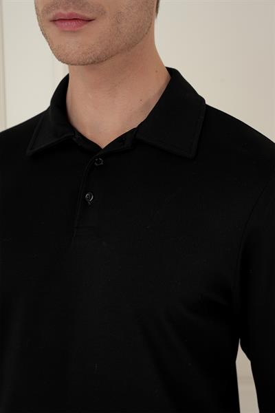 Slim Fit Pamuklu Uzun Kollu Düğmeli Siyah Polo Yaka Tişört TS 893