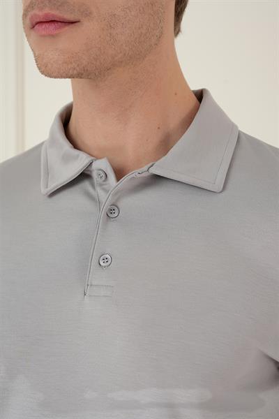 Slim Fit Pamuklu Uzun Kollu Düğmeli Gri Polo Yaka Tişört TS 893