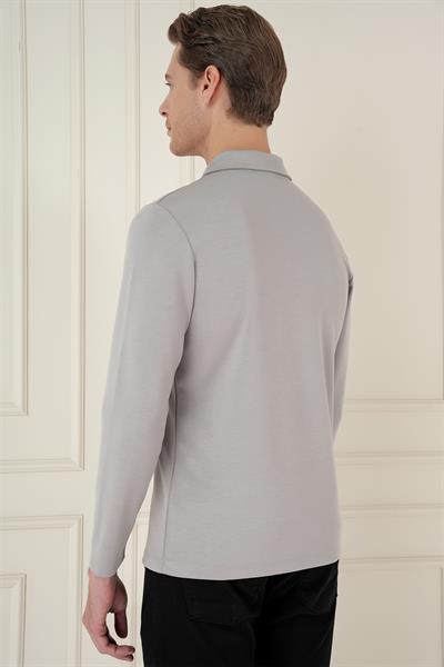 Slim Fit Pamuklu Uzun Kollu Düğmeli Gri Polo Yaka Tişört TS 893