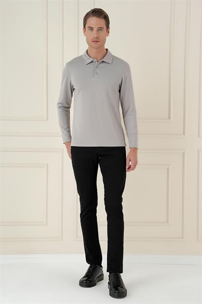 Slim Fit Pamuklu Uzun Kollu Düğmeli Gri Polo Yaka Tişört TS 893