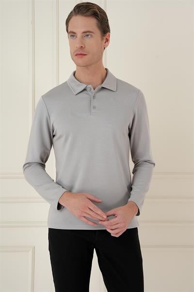 Slim Fit Pamuklu Uzun Kollu Düğmeli Gri Polo Yaka Tişört TS 893