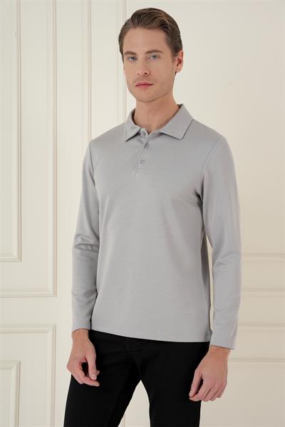 Slim Fit Pamuklu Uzun Kollu Düğmeli Gri Polo Yaka Tişört TS 893