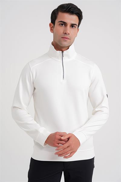 Comfort Fit %97 Pamuk Tam Fermuarlı Ekru Polo Yaka Tişört TS 918