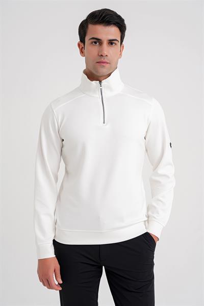 Comfort Fit %97 Pamuk Tam Fermuarlı Ekru Polo Yaka Tişört TS 918