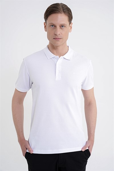 Comfort Fit Kolu Ribanalı %100 Pamuk Düğmeli Beyaz Polo Yaka Tişört TS 922