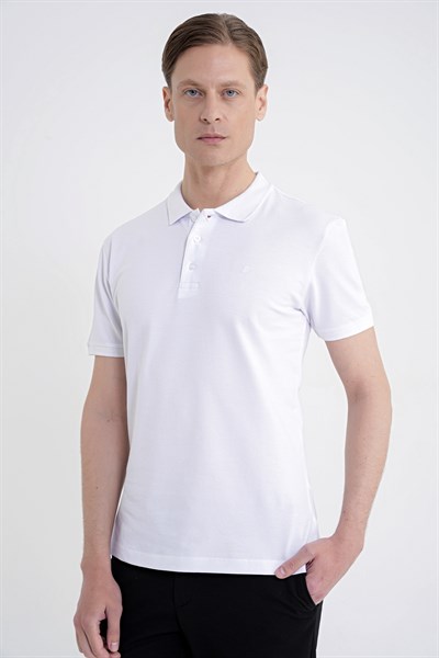 Comfort Fit Kolu Ribanalı %100 Pamuk Düğmeli Beyaz Polo Yaka Tişört TS 922