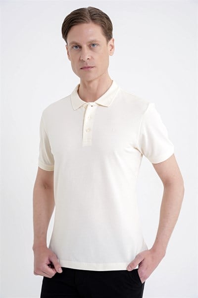 Comfort Fit Kolu Ribanalı %100 Pamuk Düğmeli Ekru Polo Yaka Tişört TS 922