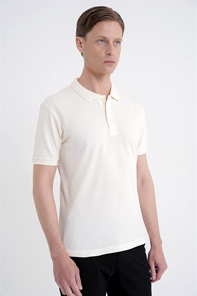Comfort Fit Kolu Ribanalı %100 Pamuk Düğmeli Ekru Polo Yaka Tişört TS 922
