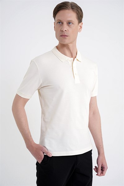Comfort Fit Kolu Ribanalı %100 Pamuk Düğmeli Ekru Polo Yaka Tişört TS 922