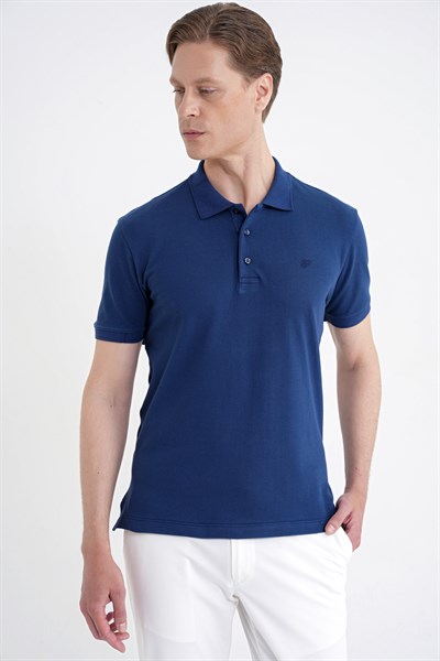 Comfort Fit Kolu Ribanalı %100 Pamuk Düğmeli Lacivert Polo Yaka Tişört TS 922