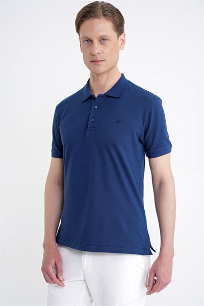 Comfort Fit Kolu Ribanalı %100 Pamuk Düğmeli Lacivert Polo Yaka Tişört TS 922