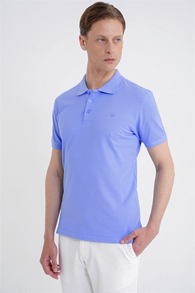 Comfort Fit Kolu Ribanalı %100 Pamuk Düğmeli Mavi Polo Yaka Tişört TS 922