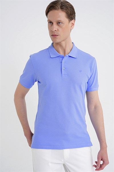 Comfort Fit Kolu Ribanalı %100 Pamuk Düğmeli Mavi Polo Yaka Tişört TS 922