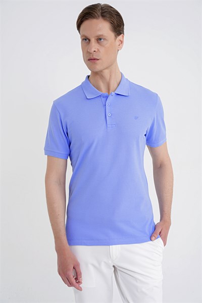 Comfort Fit Kolu Ribanalı %100 Pamuk Düğmeli Mavi Polo Yaka Tişört TS 922