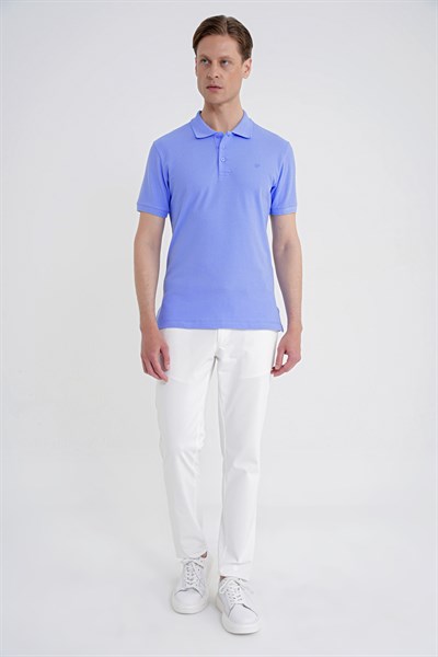 Comfort Fit Kolu Ribanalı %100 Pamuk Düğmeli Mavi Polo Yaka Tişört TS 922