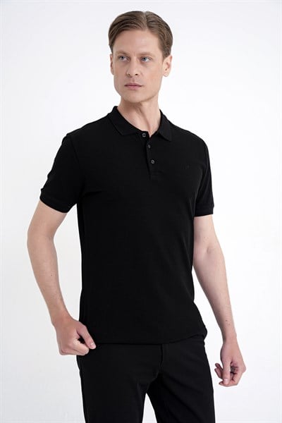 Comfort Fit Kolu Ribanalı %100 Pamuk Düğmeli Siyah Polo Yaka Tişört TS 922