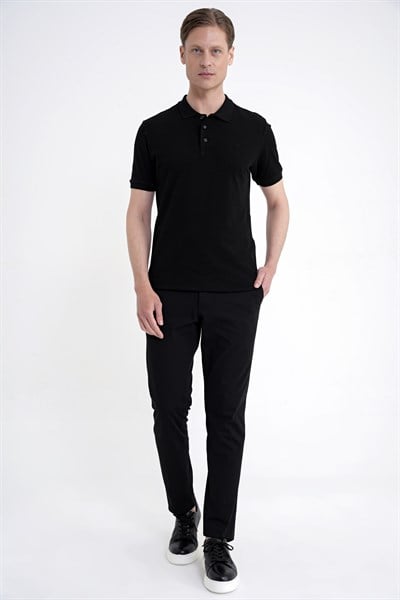 Comfort Fit Kolu Ribanalı %100 Pamuk Düğmeli Siyah Polo Yaka Tişört TS 922