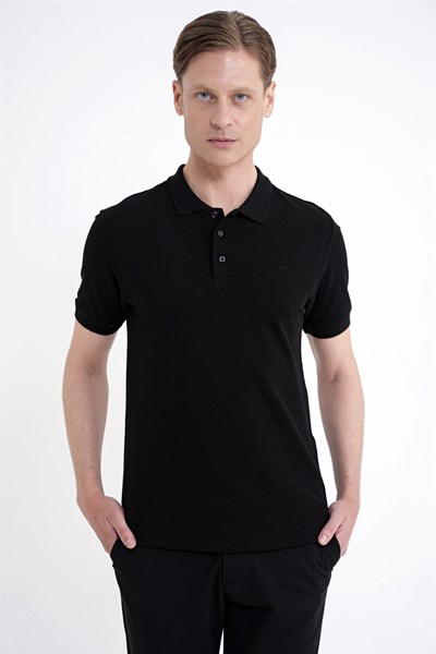 Comfort Fit Kolu Ribanalı %100 Pamuk Düğmeli Siyah Polo Yaka Tişört TS 922