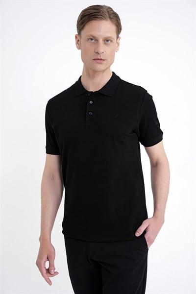Comfort Fit Kolu Ribanalı %100 Pamuk Düğmeli Siyah Polo Yaka Tişört TS 922