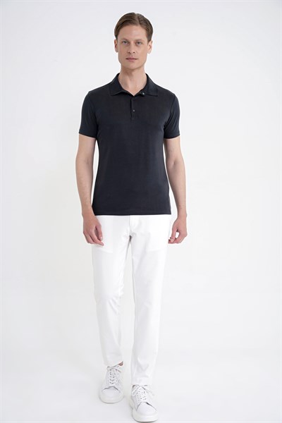 Slim Fit Modal Kumaş Siyah Çıtçıtlı Polo Yaka Tişört Ts 923