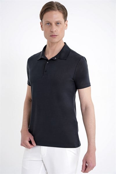 Slim Fit Modal Kumaş Siyah Çıtçıtlı Polo Yaka Tişört Ts 923