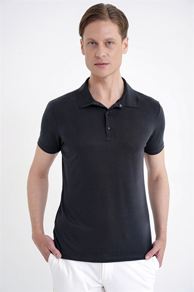 Slim Fit Modal Kumaş Siyah Çıtçıtlı Polo Yaka Tişört Ts 923