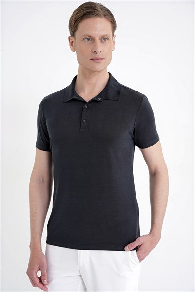 Slim Fit Modal Kumaş Siyah Çıtçıtlı Polo Yaka Tişört Ts 923