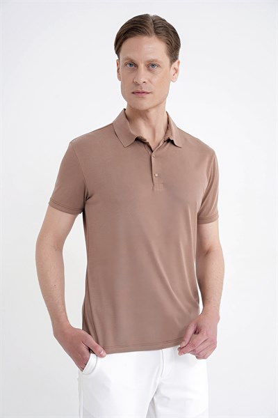 Slim Fit Modal Kumaş Vizon Çıtçıtlı Polo Yaka Tişört Ts 923