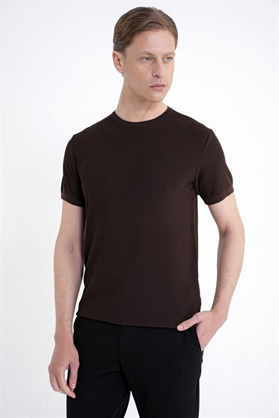 Comfort Fit Rayon Karışımlı Kahverengi Bisiklet Yaka Tişört TS 925 