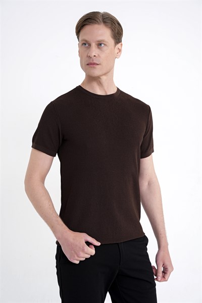 Comfort Fit Rayon Karışımlı Kahverengi Bisiklet Yaka Tişört TS 925 