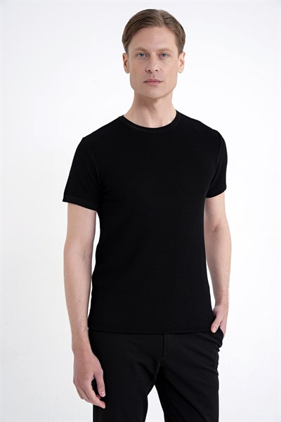 Comfort Fit Rayon Karışımlı Siyah Bisiklet Yaka Tişört TS 925 