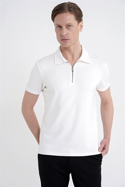 Slim Fit Esnek Pamuklu Fermuarlı Ekru Polo Yaka Tişört TS 926