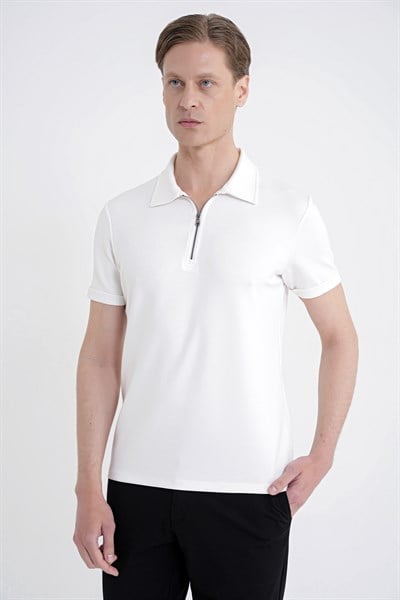 Slim Fit Esnek Pamuklu Fermuarlı Ekru Polo Yaka Tişört TS 926
