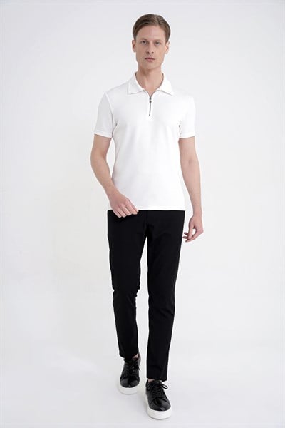 Slim Fit Esnek Pamuklu Fermuarlı Ekru Polo Yaka Tişört TS 926