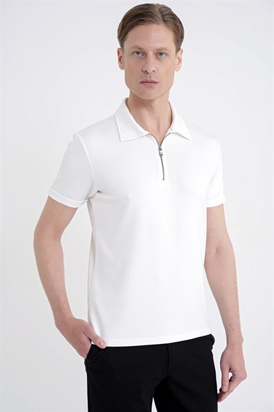Slim Fit Esnek Pamuklu Fermuarlı Ekru Polo Yaka Tişört TS 926