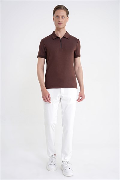 Slim Fit Esnek Pamuklu Fermuarlı Kahverengi Polo Yaka Tişört TS 926