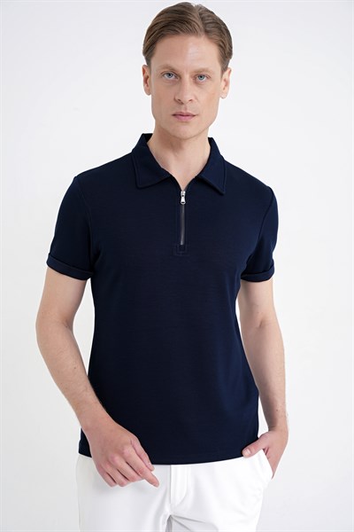 Slim Fit Esnek Pamuklu Fermuarlı Lacivert Polo Yaka Tişört TS 926