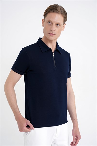 Slim Fit Esnek Pamuklu Fermuarlı Lacivert Polo Yaka Tişört TS 926