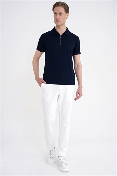 Slim Fit Esnek Pamuklu Fermuarlı Lacivert Polo Yaka Tişört TS 926