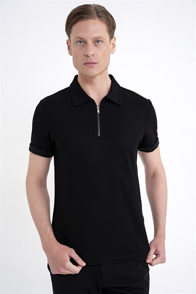 Slim Fit Esnek Pamuklu Fermuarlı Siyah Polo Yaka Tişört TS 926