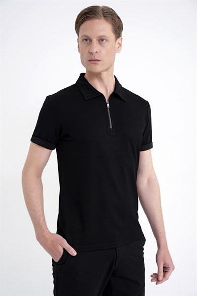 Slim Fit Esnek Pamuklu Fermuarlı Siyah Polo Yaka Tişört TS 926